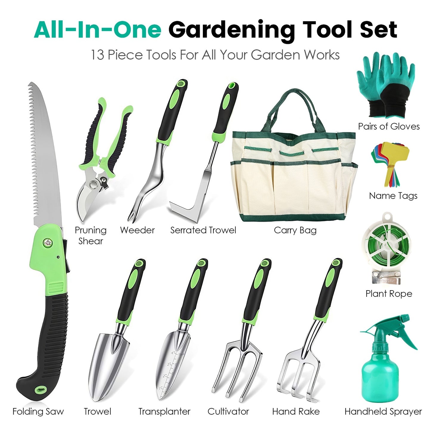 13-Piece Aluminum Garden Tool Set with Carry Bag